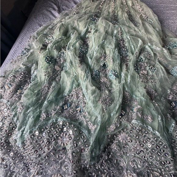 Green Embellished Tiered Gown with Square Neck - Picture 8 of 8